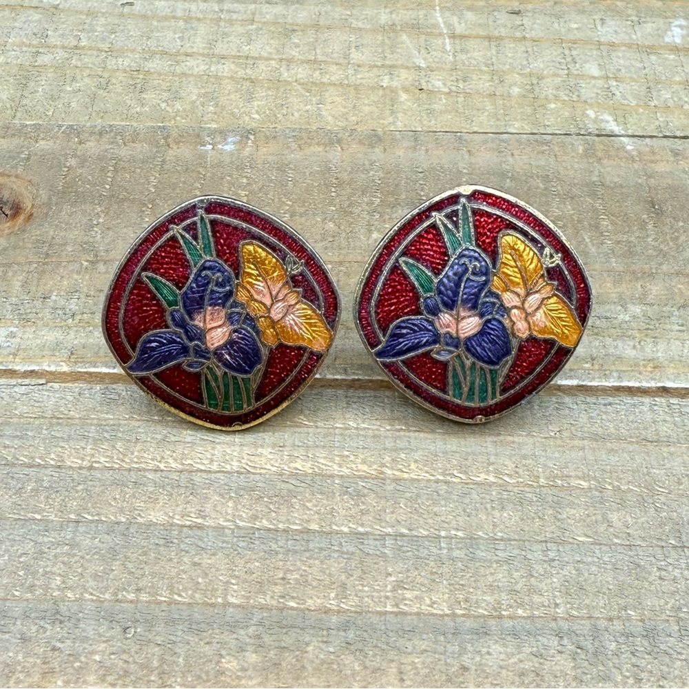 vintage cloisonné iris flower clip on earrings gold & multi color floral, 1”